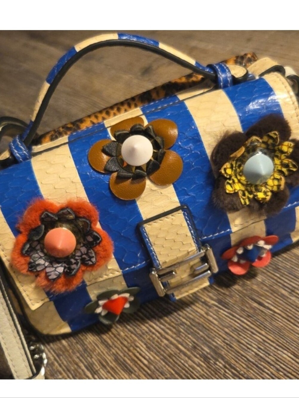 Fendi Flowerland Brown python Baguette Crossbody 3D Floral Snakeskin Chain Strap